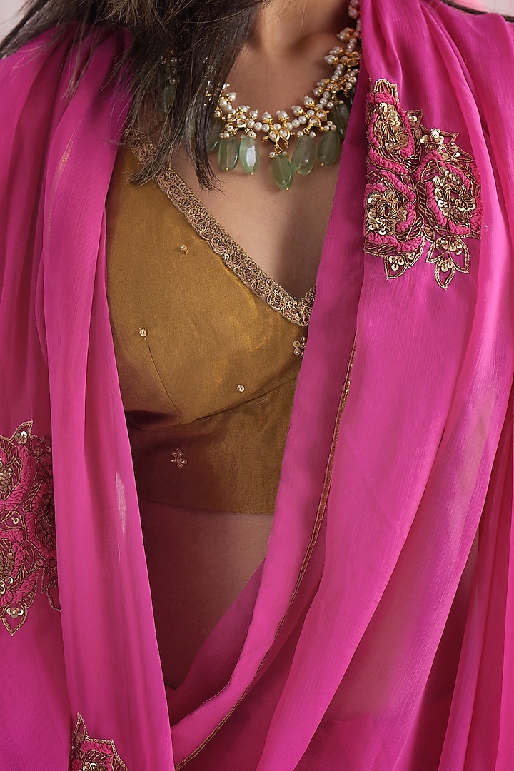 Fuchsia Pink Hand Embroidered Party Wear Saree by Shorshe Clothing at Pernia's Pop Up Shop