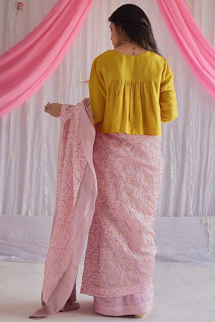 Baby Pink Raw Silk & Chanderi Party Wear Saree by Shorshe Clothing at Pernia's Pop Up Shop