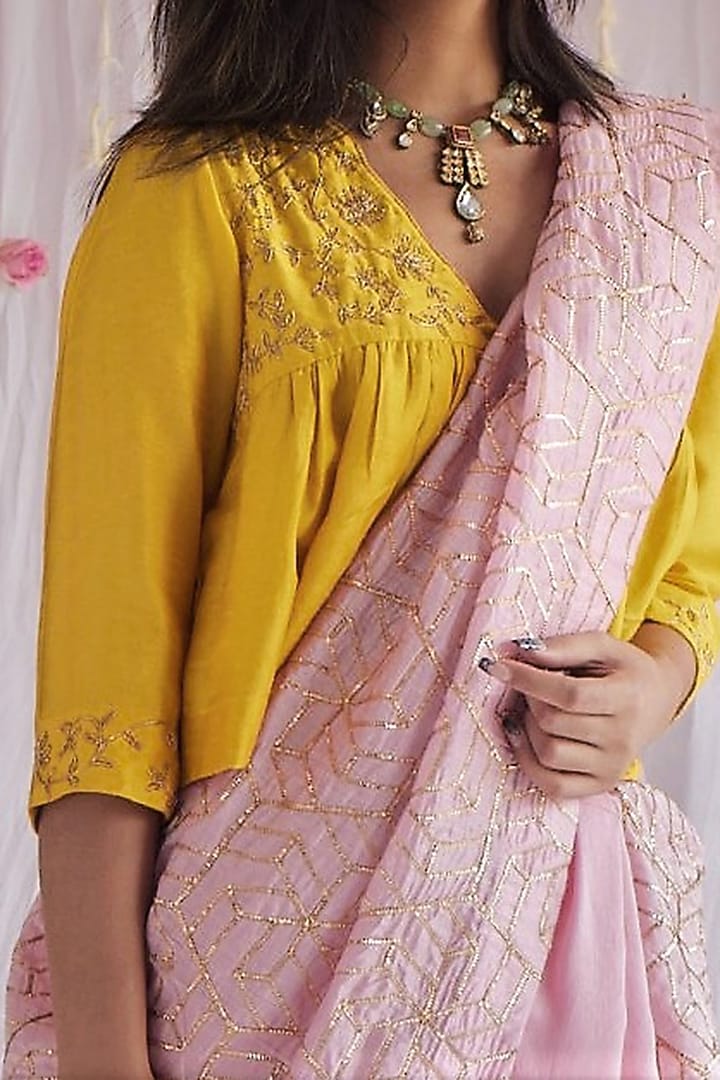 Baby Pink Raw Silk & Chanderi Party Wear Saree by Shorshe Clothing at Pernia's Pop Up Shop
