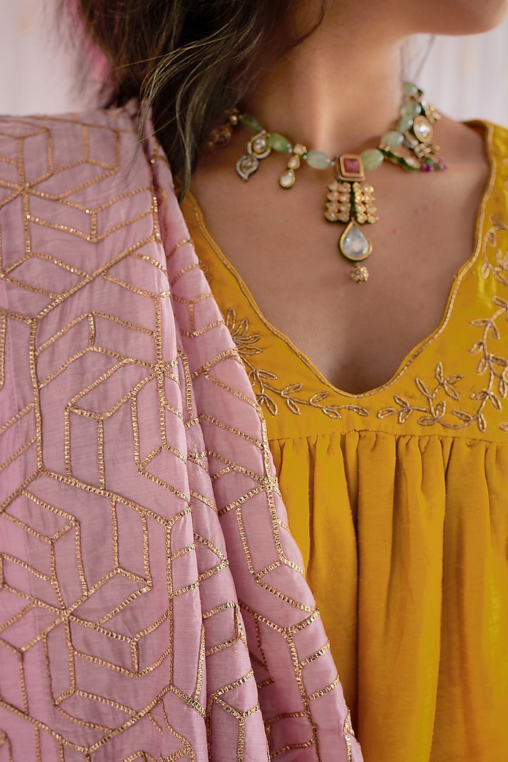 Baby Pink Raw Silk & Chanderi Party Wear Saree by Shorshe Clothing at Pernia's Pop Up Shop
