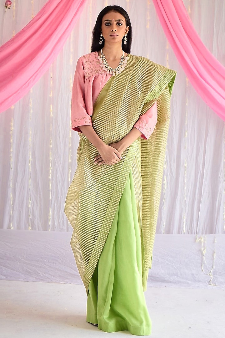 Citrus Green Gota Net & Chanderi Saree by Shorshe Clothing