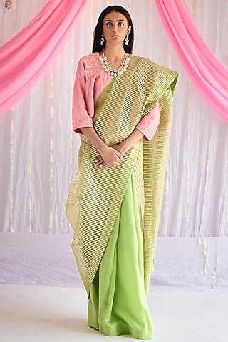 Citrus Green Gota Net & Chanderi Saree by Shorshe Clothing