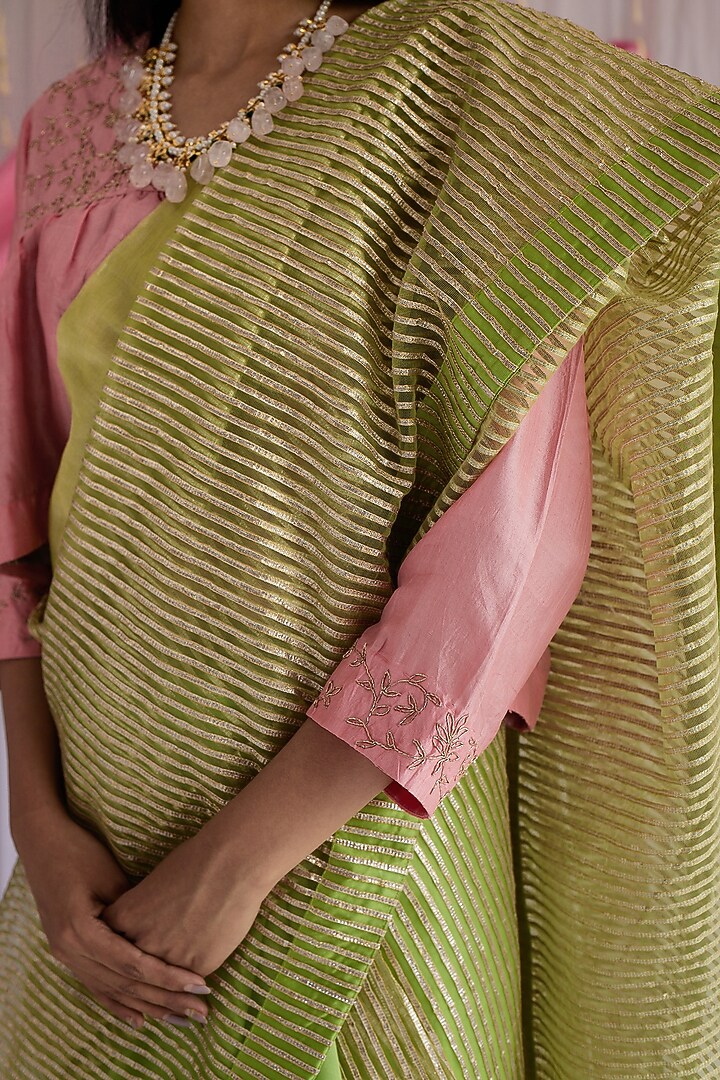 Citrus Green Gota Net & Chanderi Party Wear Saree by Shorshe Clothing at Pernia's Pop Up Shop
