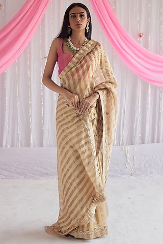 Pearl Beige Chanderi Saree by Shorshe Clothing