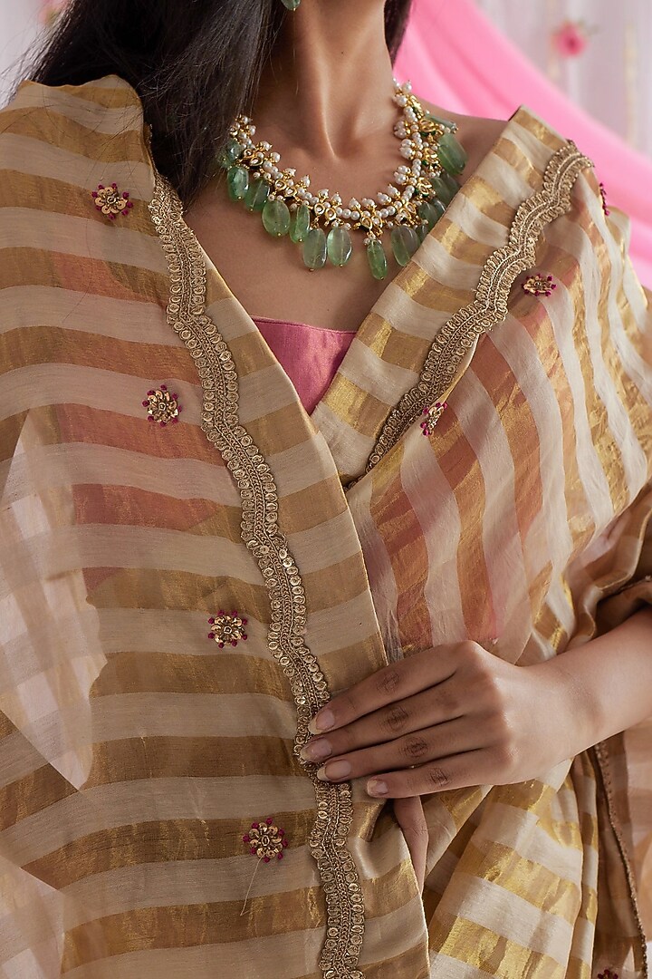 Pearl Beige Chanderi Party Wear Saree by Shorshe Clothing at Pernia's Pop Up Shop