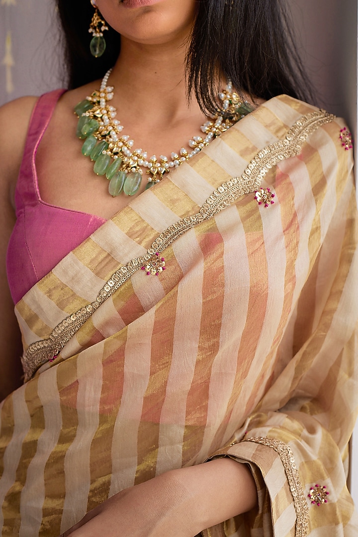 Pearl Beige Chanderi Party Wear Saree by Shorshe Clothing at Pernia's Pop Up Shop
