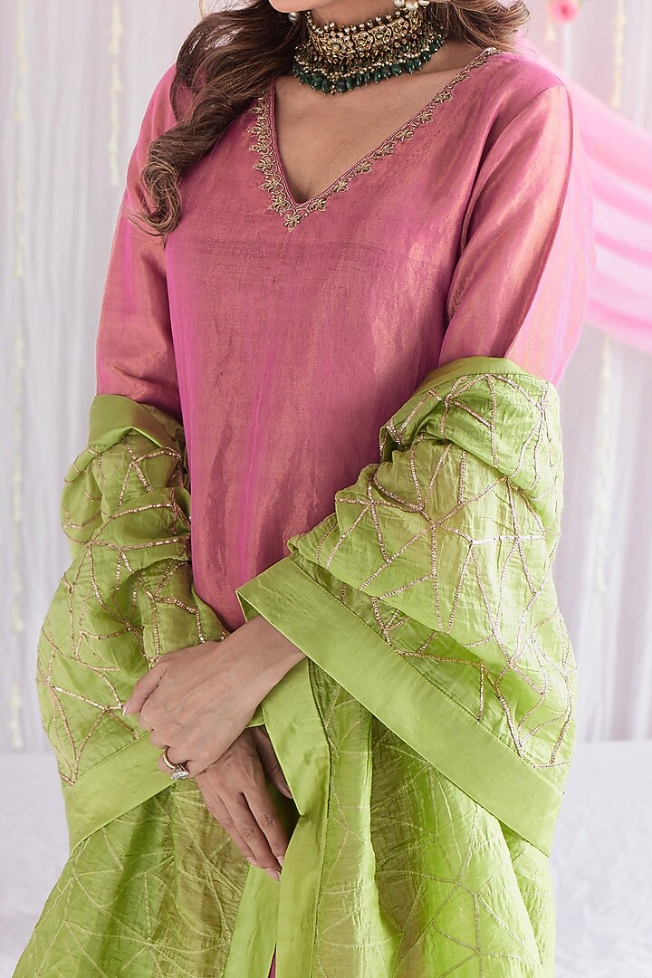 Citrus Green Gota Chanderi Dupatta by Shorshe Clothing at Pernia's Pop Up Shop