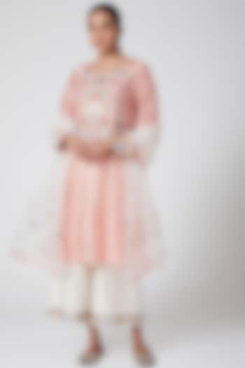 Peach & White Embroidered Kurta Set by Samant Chauhan at Pernia's Pop Up Shop