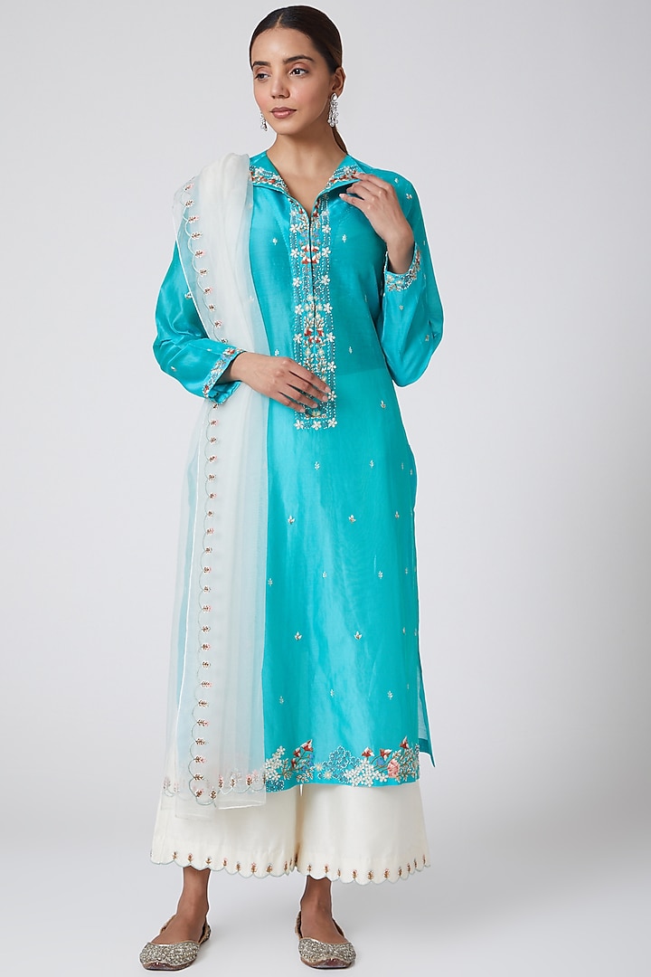 Turquoise & White Embroidered Kurta Set by Samant Chauhan at Pernia's Pop Up Shop