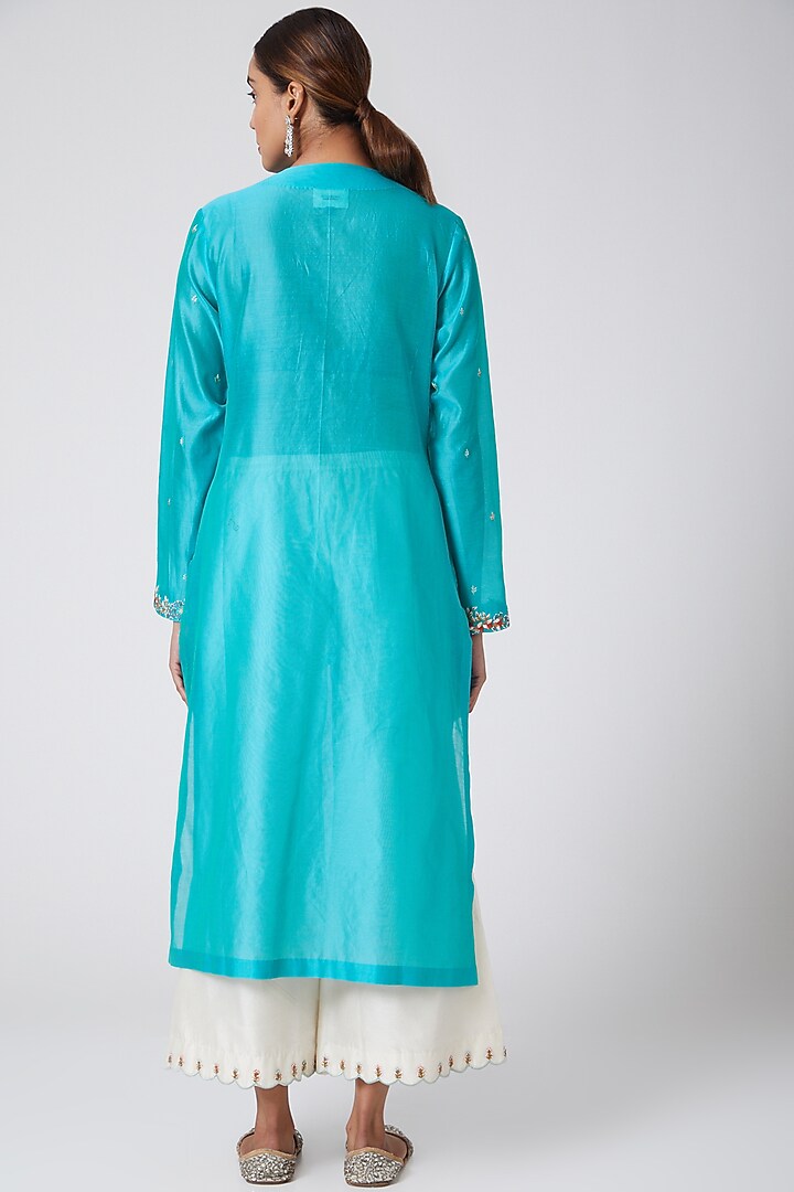 Turquoise & White Embroidered Kurta Set by Samant Chauhan at Pernia's Pop Up Shop