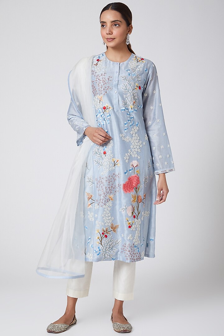 Sky Blue & White Embroidered Kurta Set by Samant Chauhan at Pernia's Pop Up Shop