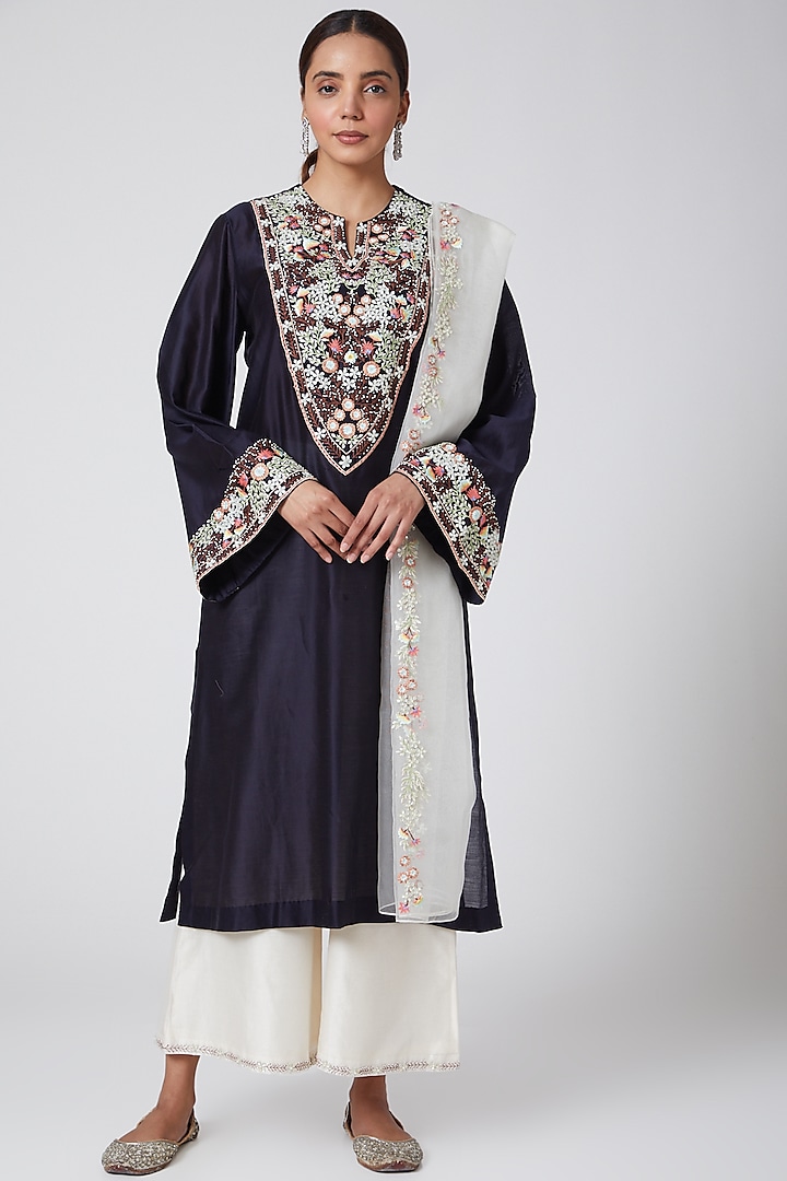 Navy Blue & White Embroidered Kurta Set by Samant Chauhan