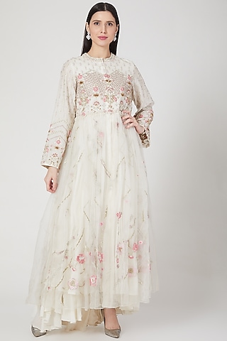 Ivory Chanderi Silk Floral Embroidered Maxi Dress by Samant Chauhan