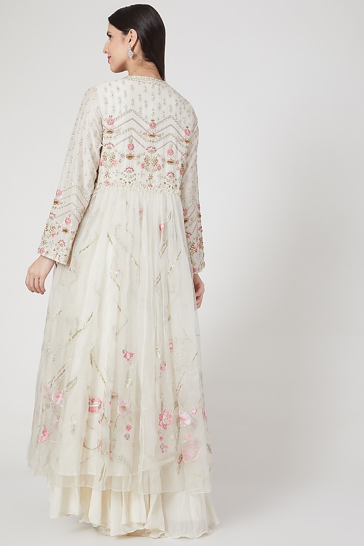Ivory Chanderi Silk Floral Embroidered Maxi Party Wear Dress by Samant Chauhan at Pernia's Pop Up Shop