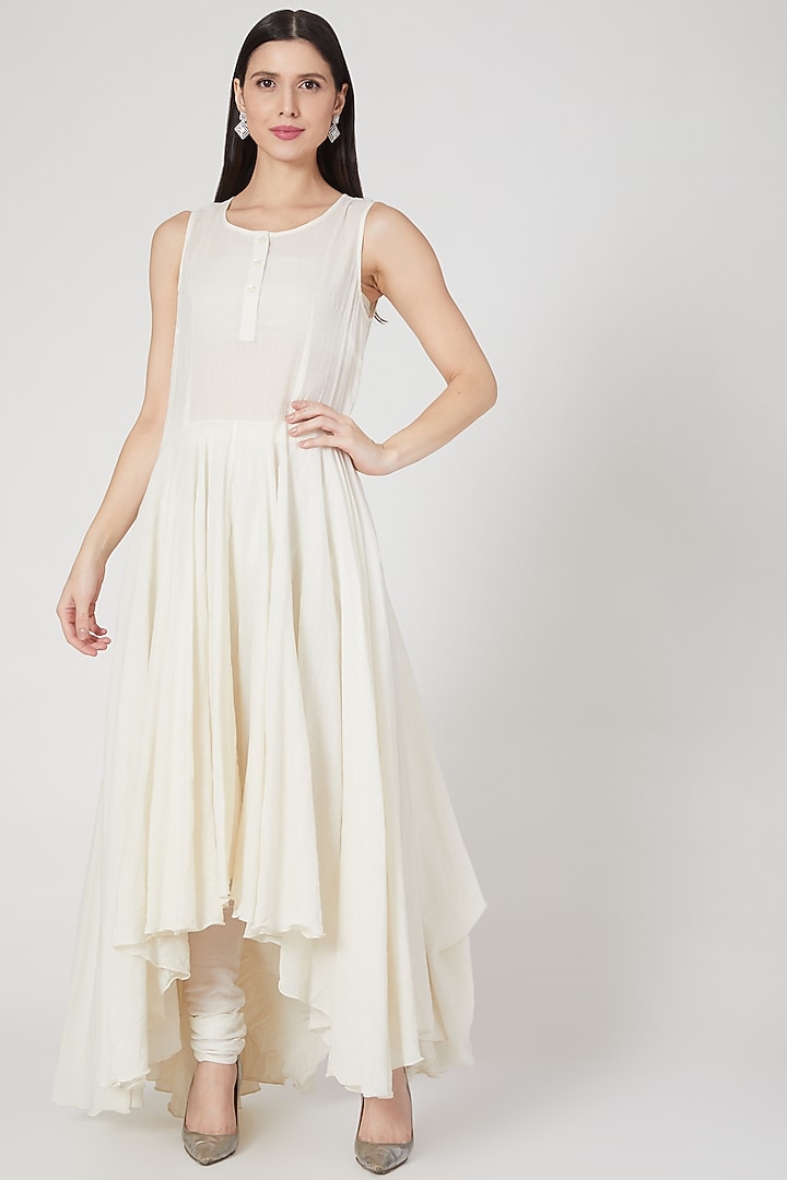 Ivory Chanderi Silk Floral Embroidered Maxi Party Wear Dress by Samant Chauhan at Pernia's Pop Up Shop