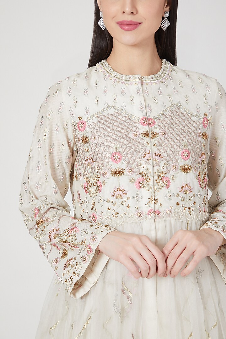 Ivory Chanderi Silk Floral Embroidered Maxi Party Wear Dress by Samant Chauhan at Pernia's Pop Up Shop