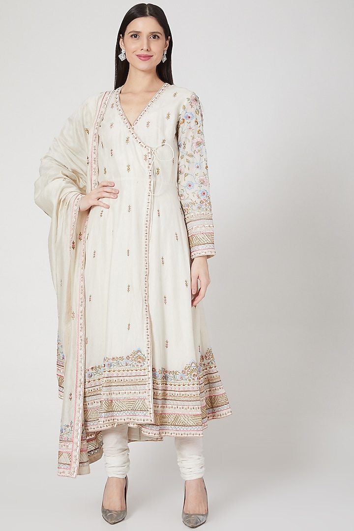 Ivory Embroidered Overlapped Jacket Set by Samant Chauhan