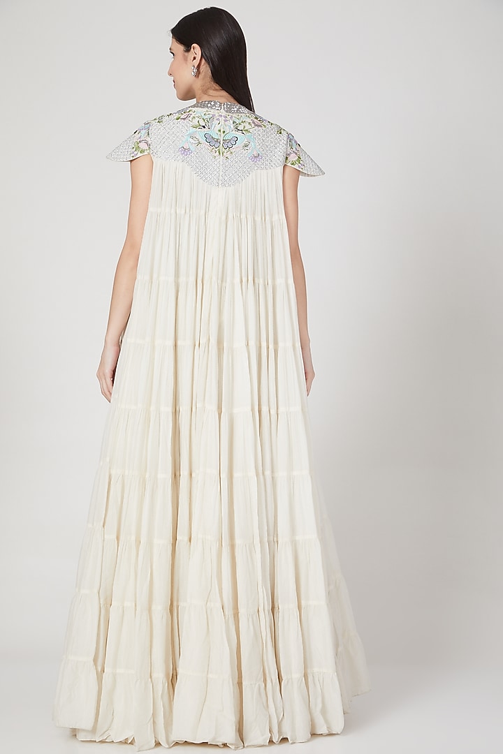 Ivory Embroidered Tiered Party Wear Dress by Samant Chauhan at Pernia's Pop Up Shop