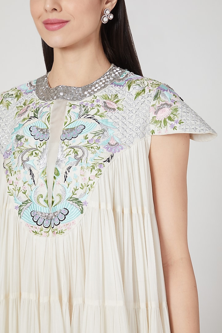 Ivory Embroidered Tiered Party Wear Dress by Samant Chauhan at Pernia's Pop Up Shop