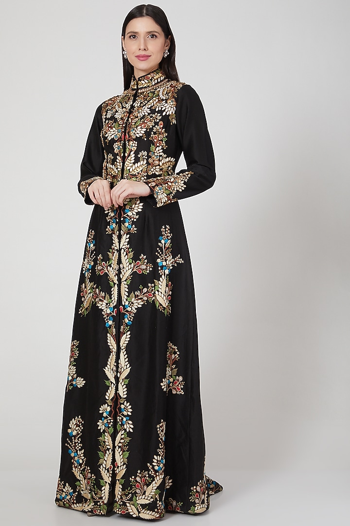 Black Embroidered Long Jacket by Samant Chauhan at Pernia's Pop Up Shop