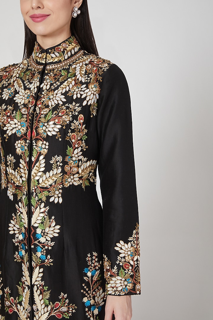 Black Embroidered Long Jacket by Samant Chauhan at Pernia's Pop Up Shop