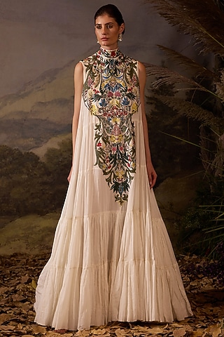 Off-White Cotton Silk Embroidered Maxi Dress by Samant Chauhan