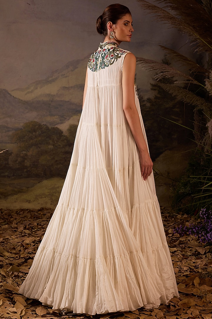 Off-White Cotton Silk Embroidered Maxi Party Wear Dress by Samant Chauhan at Pernia's Pop Up Shop