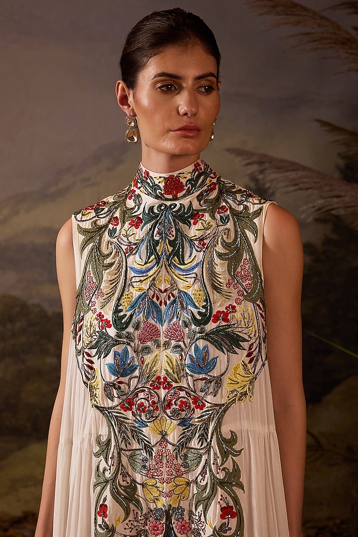 Off-White Cotton Silk Embroidered Maxi Party Wear Dress by Samant Chauhan at Pernia's Pop Up Shop