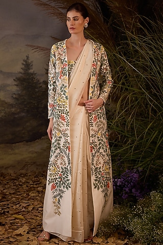 Off-White Cotton Silk Embellished Jacket Saree Set by Samant Chauhan