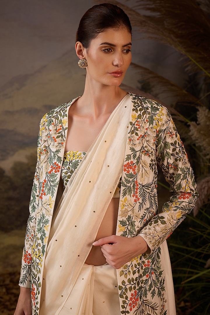 Off-White Cotton Silk Embellished Jacket Reception Saree Set by Samant Chauhan at Pernia's Pop Up Shop