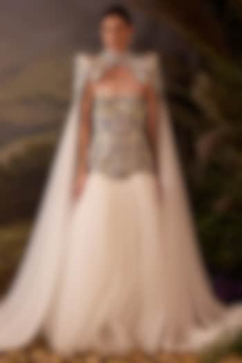 Off-White Cotton Silk Floral Embroidered Wedding Gown With Skirt by Samant Chauhan at Pernia's Pop Up Shop