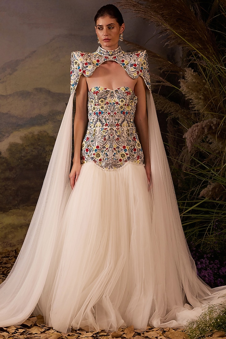 Off-White Cotton Silk Floral Embroidered Wedding Gown With Skirt by Samant Chauhan at Pernia's Pop Up Shop