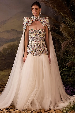 Off-White Cotton Silk Floral Embroidered Gown With Skirt by Samant Chauhan
