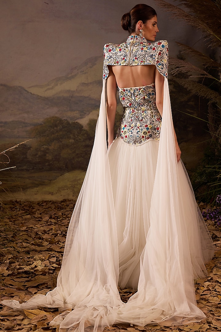 Off-White Cotton Silk Floral Embroidered Wedding Gown With Skirt by Samant Chauhan at Pernia's Pop Up Shop