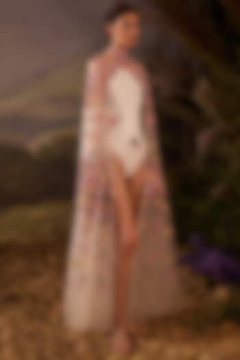 Off-White Cotton Silk Embellished Cape With Bodysuit by Samant Chauhan at Pernia's Pop Up Shop