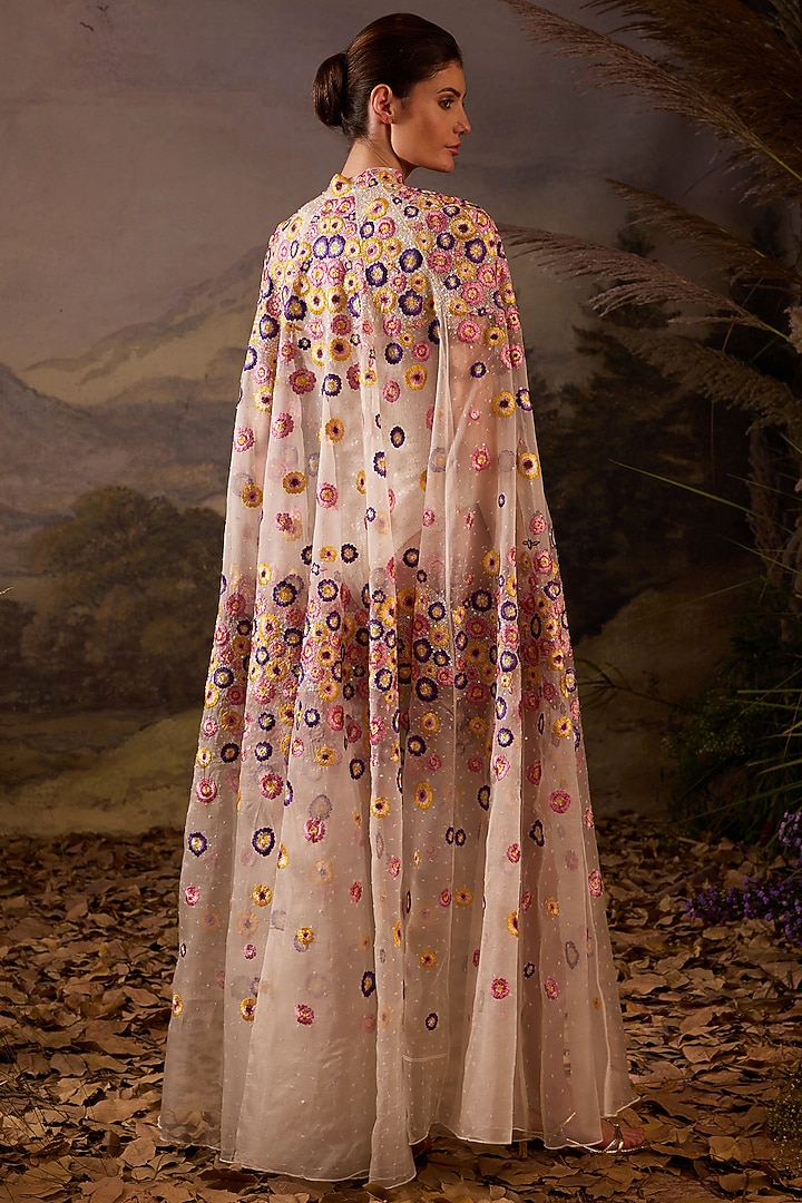 Off-White Cotton Silk Embellished Cape With Bodysuit by Samant Chauhan at Pernia's Pop Up Shop