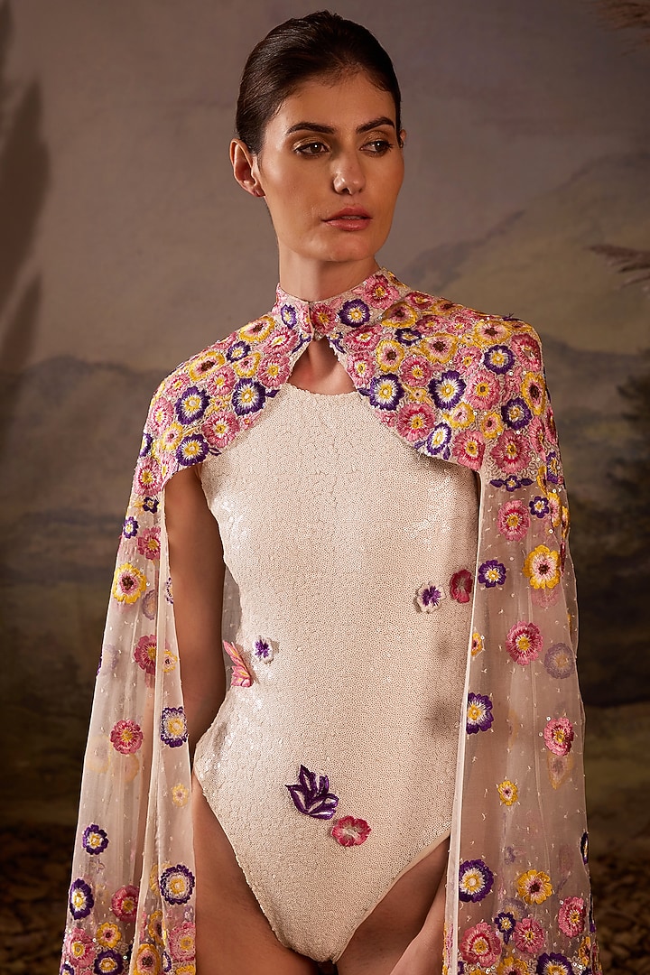 Off-White Cotton Silk Embellished Cape With Bodysuit by Samant Chauhan at Pernia's Pop Up Shop