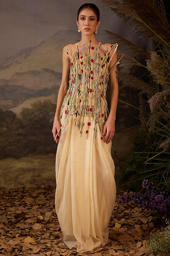 Ivory Cotton Silk Draped Dhoti Skirt Set by Samant Chauhan at Pernia's Pop Up Shop