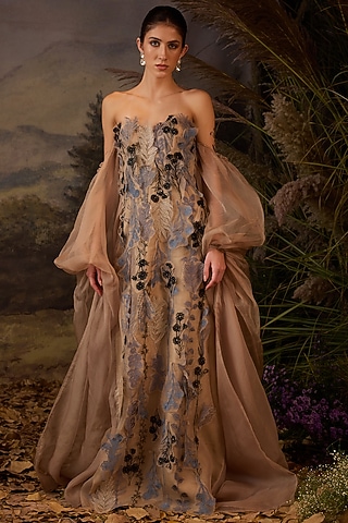 Grey Cotton Silk Floral Embroidered Gown by Samant Chauhan