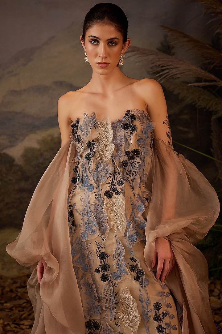 Grey Cotton Silk Floral Embroidered Engagement Gown by Samant Chauhan at Pernia's Pop Up Shop