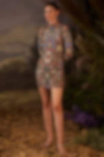 Grey Cotton Silk Floral Embroidered Mini Party Wear Dress by Samant Chauhan at Pernia's Pop Up Shop