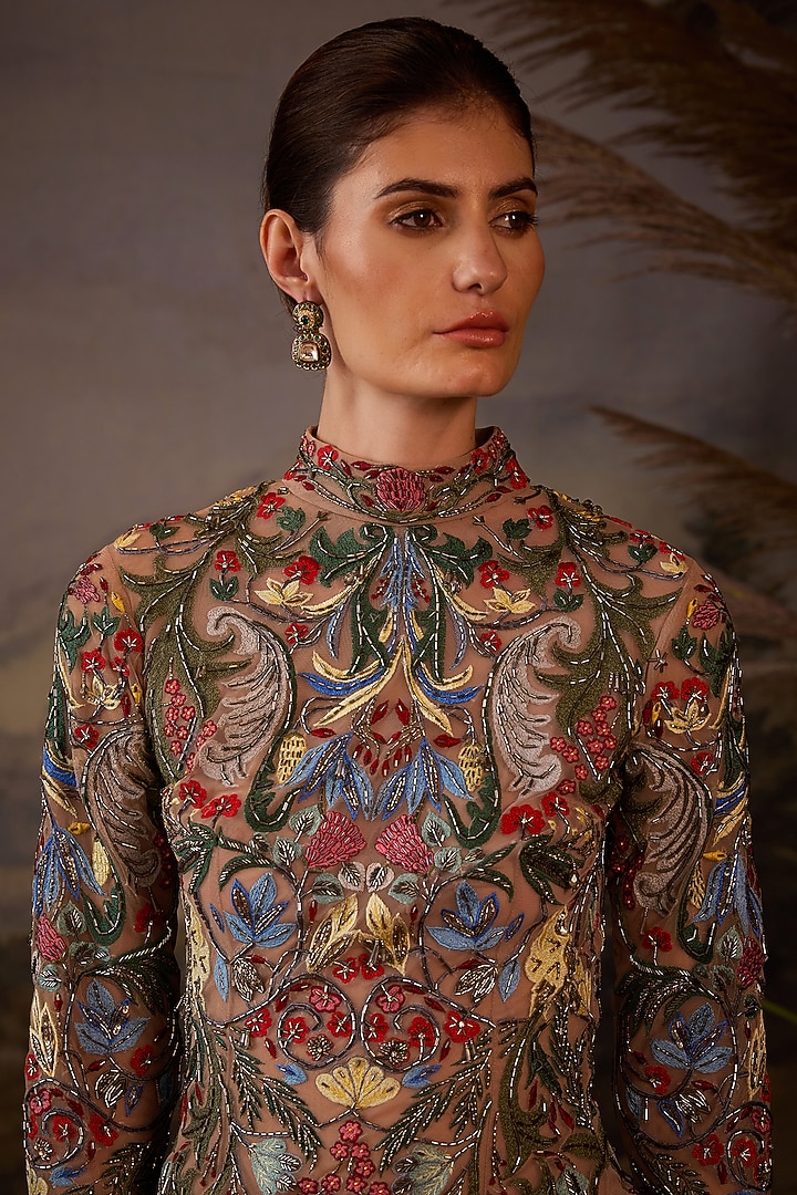 Grey Cotton Silk Floral Embroidered Mini Party Wear Dress by Samant Chauhan at Pernia's Pop Up Shop