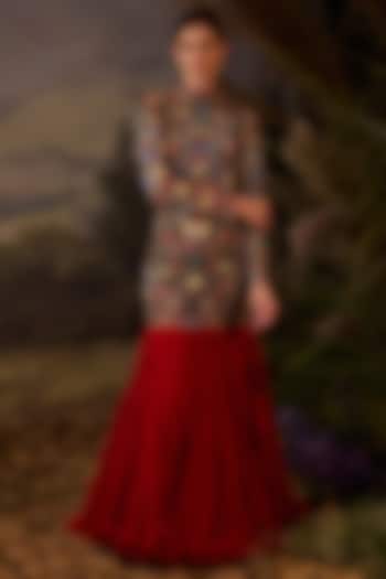 Grey Cotton Silk Floral Embroidered Mini Party Wear Dress With Skirt by Samant Chauhan at Pernia's Pop Up Shop