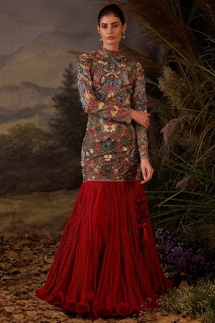 Grey Cotton Silk Floral Embroidered Mini Party Wear Dress With Skirt by Samant Chauhan at Pernia's Pop Up Shop