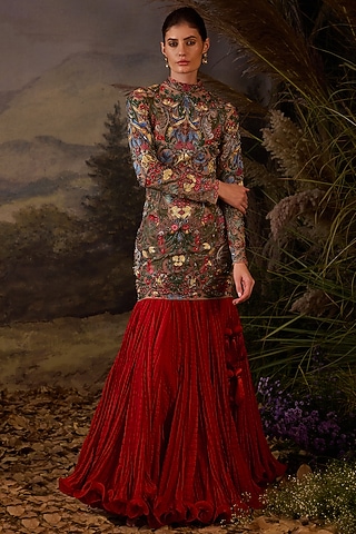 Grey Cotton Silk Floral Embroidered Mini Dress With Skirt by Samant Chauhan