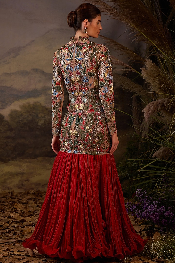 Grey Cotton Silk Floral Embroidered Mini Party Wear Dress With Skirt by Samant Chauhan at Pernia's Pop Up Shop