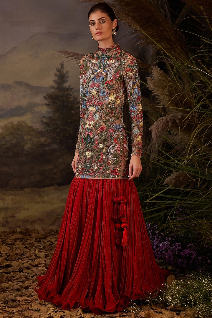 Grey Cotton Silk Floral Embroidered Mini Party Wear Dress With Skirt by Samant Chauhan at Pernia's Pop Up Shop