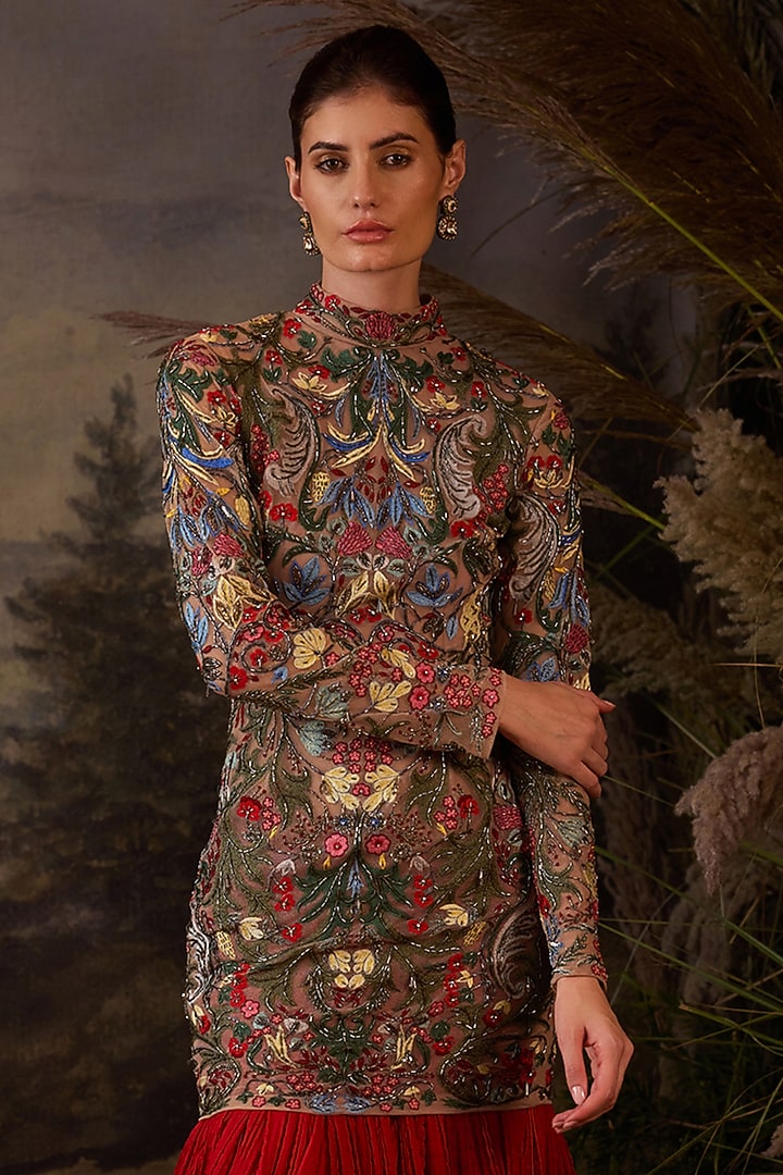 Grey Cotton Silk Floral Embroidered Mini Party Wear Dress With Skirt by Samant Chauhan at Pernia's Pop Up Shop