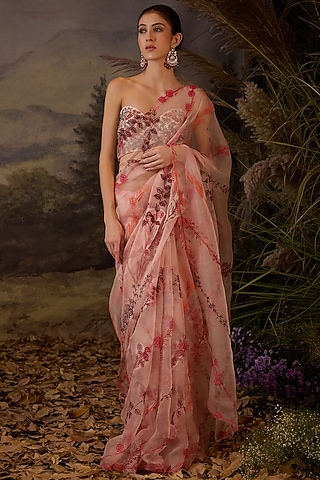Blush Pink Cotton Silk Floral Embroidered Saree Set by Samant Chauhan