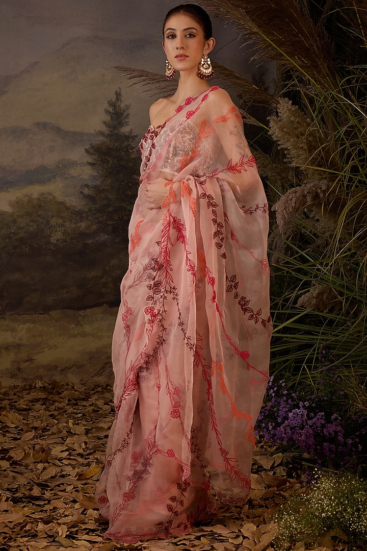 Blush Pink Cotton Silk Floral Embroidered Reception Saree Set by Samant Chauhan at Pernia's Pop Up Shop